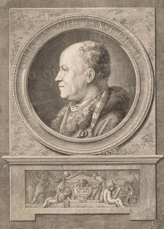 Portrait of Christian Wilhelm Ernst Dietrich, print, Under the portrait putti around a tomb with the initials, date and place of death of Christian Wilhelm Ernst Dietrich., printmaker: Daniel Nikolaus Chodowiecki, Berlin, after drawing by Friedrich Reclam, 1774, paper, etching, proof, height 279 mm x width 212 mm, Person, Christian Wilhelm Ernst Dietrich, historical persons, portrait, self-portrait of artist, cupids: 'amores', 'amoretti', 'putti', grave, tomb, A detailed engraved portrait of a man in profile inside a circular frame occupies the upper portion of the image, showing a balding head with short curly hair at the back, a prominent nose, and a composed facial expression; he wears a fur-lined garment and a draped cloth around his neck. The circular frame is decorated with a patterned inner border and sits within a rectangular stone-like panel with textured shading. Below the portrait, a rectangular recessed panel contains a classical relief scene with multiple cherubic figures ...