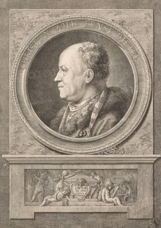 Portrait of Christian Wilhelm Ernst Dietrich, print, Under the portrait putti around a tomb with the initials, date and place of death of Christian Wilhelm Ernst Dietrich., printmaker: Daniel Nikolaus Chodowiecki, Berlin, after drawing by Friedrich Reclam, 1774, paper, etching, height 280 mm x width 213 mm, Person, Christian Wilhelm Ernst Dietrich, historical persons, portrait, self-portrait of artist, cupids: 'amores', 'amoretti', 'putti', grave, tomb, An engraved circular portrait shows a man in profile facing left within a decorated roundel, the man depicted with a receding hairline and short curly hair at the back, wearing a fur-lined garment and a patterned scarf around his neck; the roundel is set into a rectangular plaque with ornate molding, and below the roundel there is a relief panel depicting cherubic figures interacting with drapery and architectural ornamentation, all rendered in fine, closely spaced hatching and stippling.