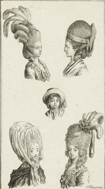 Five ladies' hairstyles, print, fashion print, Bauer 499, Engelmann 254a proof, printmaker: Daniel Nikolaus Chodowiecki, Berlin, after design by Daniel Nikolaus Chodowiecki, 1778, Daniel Nikolaus Chodowiecki, printmaker, paper, etching, proof, height 112 mm x width 70 mm, This print is part of a series of five depictions of fashion and hearth rights. These depictions were etched together on a plate. A later state of this print was also used in: Königl. Grossbr. u. Churf. Braunschw. Lüneb. Genealogical Kalender auf das Jahr 1779. Lauenburg, JG Berenberg., head-gear (women's clothes), head-gear: hat (children's clothes), styles of hairdress (HERISSON) - AA -, women, costume, hairstyle, Period, 1779, A vertical ink drawing showing several women's heads and busts arranged in two columns, each wearing different historical headwear and hairstyles, with fine line shading and stippling; at the top left a high coiffure topped with large curved plumes and a curled lock at the nape above a ruffle...