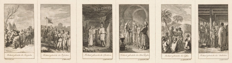 Twelve illustrations of marriage customs among various peoples, print, With caption in German., printmaker: Daniel Nikolaus Chodowiecki, Berlin, 1780, paper, etching, height 222 mm x width 388 mm, Prints used for: Gothaischer Hofkalender auf das Jahr 1781, Gotha: CW Ettinger, 1780., Chinese, (civil) marriage ceremonies, Asiatic races and peoples: Turks, Africans, Europeans (with NAME), Hinduism, Buddhism, Jainism, Japanese, A wide sepia-toned engraving showing a series of six framed vertical vignettes side by side, each depicting different groups of people in distinct outdoor or interior scenes; the first vignette shows figures in heavy fur clothing with animals and bare trees under a cloudy sky, the second shows a procession of mounted and foot figures with banners and a distant building, the third depicts an interior with garlanded beams and clothed figures conversing near stairs and a small figure lying on the floor, the fourth shows robed figures gathered around a columned arch and...