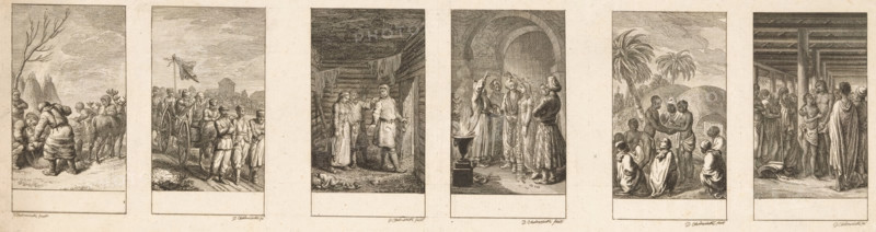 Six depictions of marriage customs among different peoples, print, From left to right, the Samoyed marriage, the Cossack marriage, the Osteaker marriage (?), the Parsi marriage, the Khoikhoi marriage and the Tahitian marriage., printmaker: Daniel Nikolaus Chodowiecki, Berlin, 1780, paper, etching, proof print, height 110 mm x width 386 mm, Prints used for: Gothaischer Hofkalender auf das Jahr 1781, Gotha: CW Ettinger, 1780., Chinese, (civil) marriage ceremonies, Asiatic races and peoples: Turks, Africans, Europeans (with NAME), Hinduism, Buddhism, Jainism, Japanese, A wide horizontal sheet shows a sequence of six vertical engraved vignettes separated by pale margins, each vignette depicting a different scene in detailed line work; the first vignette shows figures in heavy fur garments gathered outdoors near a leafless tree and rugged hills with animals nearby; the second vignette shows a procession with men in uniform marching beside a wheeled cart carrying a flag and distant low build...