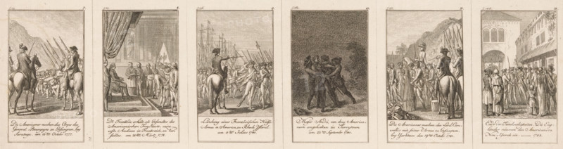 Twelve illustrations from Sprengel's *Geschichte der Revolution von Nord-America*, print, book illustration, The illustrations are numbered at the top right and contain a caption and location indication., printmaker: Daniel Nikolaus Chodowiecki, Berlin, after design by Daniel Nikolaus Chodowiecki, publisher: Haude und Spener, 1783, Daniel Nikolaus Chodowiecki, Haude und Spener, printmaker, publisher, paper, etching, height 213 mm x width 385 mm, Twelve illustrations on one sheet. Produced for 'die Geschichte der Revolution von Nord-Amerika', written by MC Sprengel. Later state used in: Historical genealogischer Calender, oder Jahrbuch der merkwürdigsten neuen Welt-Begebenheiten für 1784. Leipzig: Zur Messe bey Haude und Spener von Berlin, 1784., Person, Matthias Christian Sprengel, the soldier, the soldier's life, surrender, war, meeting, prisoner of war (after the battle), booty, spoil, burning, Protest, charge, battle, History, judgment (of criminal) (variant), Boston Tea Party (1773...