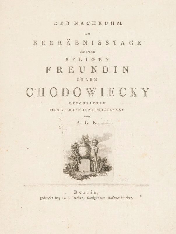 Five allegorical representations of death and two poems in letterpress on eight pages, Title page for: Anna Luisa Karschin, Der Nachruhm am Begräbnisstage meiner seligen Freundin ihrem Chodowiecky, 1785, title page, occasional print, printmaker: Daniel Nikolaus Chodowiecki, Berlin, printer (person): Georg Jacob Decker (I), writer (clerical worker), printer (person), paper, etching, letterpress printing, etching with text in letterpress, height 244 mm x width 196 mm, Prints in: Karschin, Anna Luise. Der Nachruhm am Begräbnisstage meiner seligen Freundin ihrem Chodowiecky. Berlin: GJ Decker, 1785. Published on the occasion of the death of the wife of Daniel Nikolaus Chodowiecki., garland, wreath, urn, Literature, trees: laurel, the all-seeing eye, triangle with eye, symbol of God the Father, torch - BB - torch held upside down, apotheosis (or ascension) of individuals, symbols and personifications of Death, The image shows the upper portion of an aged printed page with centered decorativ...