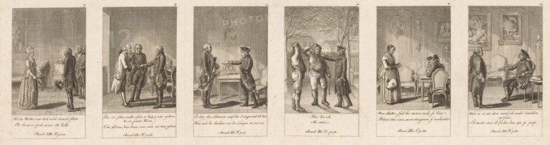 Six illustrations from the series of anecdotes by Frederick II, print, The prints are numbered at the top right. With caption and page reference in German and French., printmaker: Daniel Nikolaus Chodowiecki, Berlin, 1788, paper, etching, height 116 mm x width 381 mm, Prints used for: Gothaischer Hof Kalender zum Nutzen und Vergnügen eingerichtet auf das Jahr 1789. Gotha: CW Ettinger, 1788., Person, Frederick II (King of Prussia), ruler, sovereign, writer, poet, author, weeping, disguise, A wide engraving shows six separate rectangular vignettes arranged side by side across a single sheet, each bordered and depicting different indoor or outdoor scenes with figures in historical dress. In the first vignette a woman in a long patterned gown and head covering faces a bowed man in formal attire who holds a hat, with a chair and framed picture on the wall behind them. The second vignette shows three men in coats standing together in an interior with a high-backed chair and paneled walls as ...
