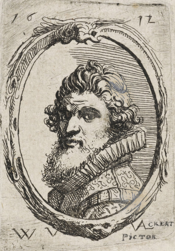 Self-portrait of Werner van den Valckert, print, name: 'VAL ckert, pictor', printmaker: Werner van den Valckert, The Hague, 1612, paper, etching, pen, etching and pen, height 75 mm x width 50 mm, Person, A black ink line drawing of a bearded man in an oval frame, shown in three-quarter profile facing left; the man has curly hair and a full beard, a high ruffled collar, and patterned clothing visible at the shoulder, with closely spaced parallel hatching behind his head; the oval frame is carved with flowing, organic decorative lines and textures and the paper shows an aged, slightly stained surface.