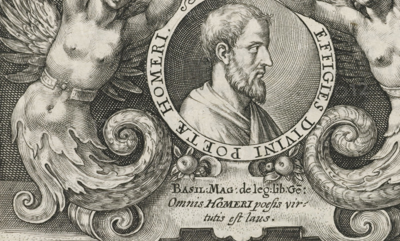 Portrait of Homer, Speculum Heroicum Homeri, print, book illustration, title page, The portrait of the poet Homer, below it in a cartouche a poem of praise in Latin. He is crowned by two putti with a laurel wreath., number: '38-65', printmaker: Crispijn van de Passe (I), Utrecht, 1613, paper, engraving, letterpress printing, book print verso, 80 mm x width 111 mm, A detailed black and white engraved composition shows a male profile portrait within a roundel, the man facing right with short hair and a full beard, draped clothing at his shoulders, and a radiating textured background inside the circular frame. Flanking the roundel are two winged female figures shown from the torso up, their breasts exposed and arms raised, each wearing a decorative belt at the waist. Ornamental scrollwork with curling acanthus-like forms and shell-shaped spirals fills the lower area, with rounded floral motifs at the center beneath the roundel. The entire image is composed of fine etched lines and crossha...