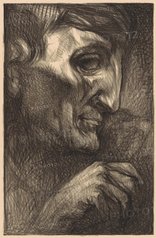 Head and hand of a man, print, The head and hand of a man, seen in profile., printmaker: Johannes Josephus Aarts, 1881 - 1934, paper, lithography, height 198 mm x width 128 mm, hand, head (human) (sideview, profile), A close-up charcoal or pencil drawing of an older person's profile, showing a heavily textured face with deep shadows and highlights, a prominent nose, closed eye, and furrowed brow; the cheek and chin area blend into a densely shaded beard or stubble, and a hand with visible knuckles and fingernails is brought near the mouth; the hair is swept back and the overall composition uses cross-hatching and dark, swirling strokes on a light paper background.