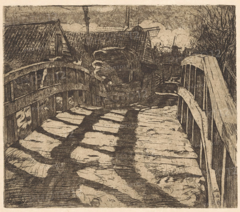 Bridge in the Baarsjes in Amsterdam, print, A wooden bridge whose railing casts a shadow on the bridge deck. In the background houses and two windmills., workshop stamp: 'ATELIER P. DUPONT', printmaker: Pieter Dupont, Amsterdam, 1895, paper, zinc etching, intaglio printmaking technique, height 160 mm x width 183 mm, city-view, and landscape with man-made constructions, bridge, Baarsjes, A monochrome etching shows a narrow wooden bridge or walkway with planks and shadows leading toward clustered buildings with steep, textured roofs; handrails with vertical slats run along both sides, and leafless branches appear at the right edge. The roofs and walls display dense hatching and crosshatching lines, and a tall pole rises near the center foreground. Cloud shapes fill the sky above the rooftops, and layered tonal strokes create patches of light and dark across the planked surface. The overall scene is rendered with fine etched lines and rough shading, emphasizing wood grain and structural d...