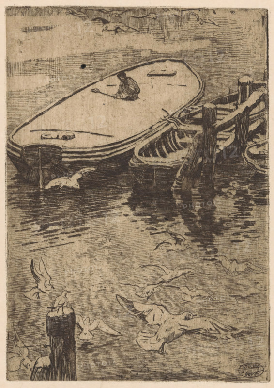 Boats in winter, print, A snow-covered rowboat and lighter at a mooring post. On the left in the foreground a seagull on a dolphin. Seagulls flying in the air., workshop stamp: 'ATELIER P. DUPONT', printmaker: Pieter Dupont, Netherlands, c. 1894 - c. 1895, paper, zinc etching, intaglio printmaking technique, height 195 mm x width 137 mm, rowing-boat, canoe, snow, shore-birds and wading-birds: gull, A monochrome etching showing a close view of a boat seen from above, its rounded deck occupying the upper left area and a figure seated near the center holding a long oar, with adjacent smaller boats and wooden posts tied with rope along the right edge; rippling water surrounds the vessels and reflects dark vertical shapes, while numerous seagulls in various flying and perched positions populate the lower and middle portions of the scene, sketched with fluid linework against a textured background.