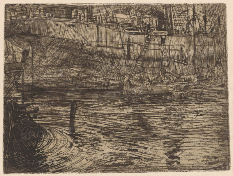 Steamboat in the Westerdok in Amsterdam, print, The stern of a cargo boat. A tjalk is moored alongside., workshop stamp: 'ATELIER P. DUPONT', printmaker: Pieter Dupont, Amsterdam, 1895, paper, zinc etching, intaglio printmaking technique, height 148 mm x width 196 mm, ships (in general), Westerdok, A detailed monochrome etching shows a large ship seen from the water with its hull dominating the upper portion of the image and a smaller boat moored alongside it. The scene includes a ladder leaning against the larger vessel, rigging and masts crisscrossing above, and figures on the decks and in the smaller boat. The water in the foreground is rendered with dense horizontal and swirling etched lines indicating ripples and reflections, and there are posts and a partially visible small craft at the lower left. The image is textured with fine crosshatching and scratchy lines throughout, creating contrasts between the solid mass of the ship and the restless surface of the water.