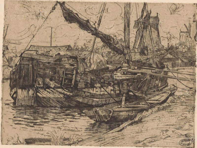 Tjalk in the Baarsjes in Amsterdam, print, In the foreground a rowboat. In the background three windmills., workshop stamp: 'ATELIER P. DUPONT', printmaker: Pieter Dupont, Amsterdam, c. 1895, paper, zinc etching, intaglio printmaking technique, height 150 mm x width 200 mm, windmill in landscape, ships (in general), Baarsjes, An etched scene of moored wooden boats seen close up with detailed plank and rope lines, a larger vessel in the foreground with a covered cabin and coiled ropes, smaller rowboats alongside, reflections and ripples in the water below, masts and spars rising with a furled sail draped across one mast, a shoreline with low buildings and thatched roofs behind the boats, a windmill with visible sails standing near the right edge, scattered reeds and grasses at the water’s edge, and a sky marked by curved etching strokes suggesting clouds.