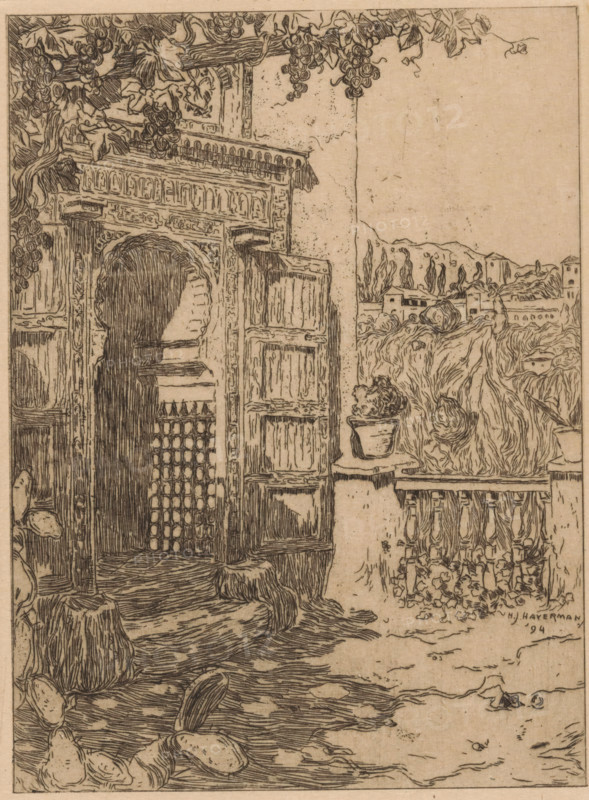 Entrance to the Oratorio del Partal in the Alhambra in Granada, print, In the foreground grapevines. In the background a hilly landscape with buildings., printmaker: Hendrik Johannes Haverman (signed by artist), 1867 - 1928, paper, etching, height 199 mm x width 149 mm, (high) hill, grape, gate, entrance, Andalusia, Granada, Alhambra, A detailed ink drawing of an ornate doorway and adjacent balcony rendered on a textured paper background, showing carved wooden panels, an arched entrance with a lattice gate, and decorative trim along the top of the doorframe. A vine with clusters of fruit hangs down from the upper left, its leaves and grapes sketched with fine lines. To the right of the doorway a balcony railing with balusters holds a potted plant and tall flowing vegetation that spills over the edge, with distant low buildings and slender trees sketched along the horizon. The foreground shows a rough stone or wood floor with scattered rounded objects and textured shading indicating wor...