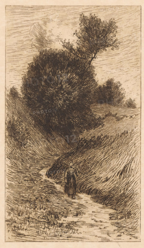 Woman on a sunken road, print, The woman carries a stick on her shoulder. In the background trees and bushes., printmaker: Anton L. Koster, 1869 - 1937, paper, etching, intaglio printmaking technique, height 228 mm x width 136 mm, road, path, carrying something on the head or on the shoulders, A tall, densely crosshatched tree dominates the upper center with textured branches and foliage, set against a sky filled with short, curved hatch marks and a cloud-like shape; sloping hills with long, directional strokes frame a winding path or stream that leads toward the foreground; along the path stands a solitary figure in simple, dark clothing with a long skirt and a shawl or wrapped upper garment, holding a thin object over one shoulder; grassy areas and low shrubs rendered with varied line work fill the landscape, and the overall image is composed in a narrow vertical format with an etched, monochrome appearance.