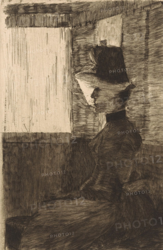 Veiled woman in train compartment, print, printmaker: Marinus van der Maarel, 1867 - 1921, paper, etching, intaglio printmaking technique, height 240 mm x width 160 mm, adult woman, veil, passenger carriage, A monochrome etching shows a seated woman in profile facing left, wearing a high-collared dress and a tall hat with a brim and ribbon detail, her facial features rendered in shadow and line. She sits against a background of vertical and horizontal hatched textures that form a window or light panel to her left and darker wall and seat surfaces around her. The image is composed of dense cross-hatching and fine linear marks creating tonal variations and contours of the figure and surrounding architecture. The woman's posture is upright, and the contours of her dress and hat are defined by closely spaced etched strokes contrasting with the lighter rectangular area of the window.