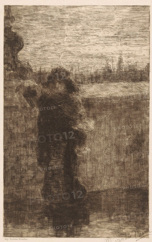 Woman with coat, print, A woman with a hat and a coat stands in front of a wall. In the background the silhouette of a city., printmaker: Marinus van der Maarel, printer (person): Joseph Bouwens, Brussels, 1867 - 1921, printer (person), paper, etching, intaglio printmaking technique, height 244 mm x width 164 mm, adult woman, coat, cape, A monochrome etching shows a person seen from behind leaning on a railing, their long hair and coat rendered with dense crosshatching; the scene beyond the railing includes a distant horizontal skyline with vertical spires and indistinct architectural forms under a heavily textured sky, while the foreground and lower areas are filled with varied linear shading and tonal marks creating a grainy, atmospheric effect.