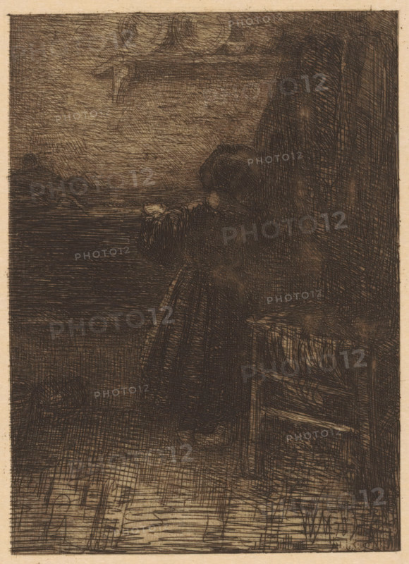 Girl at the kitchen counter, print, A girl stands at a kitchen counter. Next to her is a rack, above her on the wall hangs a shelf with two plates on it., printmaker: Wally Moes, 1866 - 1918, paper, etching, intaglio printmaking technique, height 198 mm x width 143 mm, kitchen, girl (child between toddler and youth), A dark, heavily crosshatched scene showing a figure standing near a window or opening, viewed from behind and slightly to the side, wearing a long dress with puffed sleeves and holding something small in both hands at about chest height; to the right of the figure a tall curtain or drapery hangs and a piece of furniture with horizontal slats and a folded cloth on top is partially visible; the background beyond the window shows a horizontal expanse with textured sky and a faint horizon line, and the overall image is rendered in dense, fine lines on a light, aged paper.