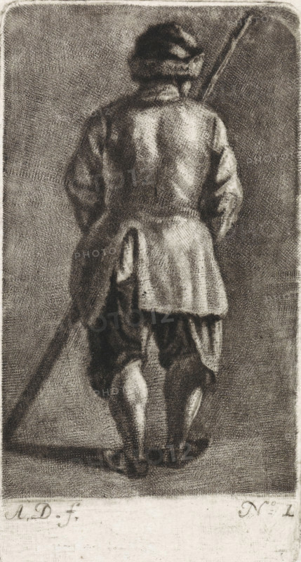 Man with a stick, seen from the back, print, printmaker: Abraham Delfos, Leiden, 1741 - 1820, paper, mezzotint, engraving, mezzotint and engraving, height 87 mm x width 46 mm, walking-stick, staff, A monochrome drawing shows a standing figure seen from behind, wearing a loose jacket and short, baggy trousers, with a cap on the head; the figure holds a long pole that rests on the ground and extends upward off to one side, and the clothing and legs display detailed shading and textured crosshatching against a uniformly shaded background.