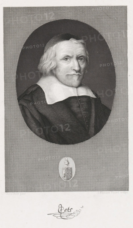 Portrait of Jacob Cats, print, printmaker: Edouard Taurel, Amsterdam, after painting by Jan Antonisz van Ravesteyn, 1834 - 1892, paper, etching, engraving, etching and engraving, height 297 mm x width 215 mm, Person, Jacob Cats (1577-1660), A black and white engraved portrait of an older man shown from the chest up inside an oval frame against a fine crosshatched background, with medium-length wavy hair peeking from under a close cap, a narrow mustache and small pointed beard, and a calm facial expression; he wears a dark robe with visible fabric texture and a wide white collar, and below the oval is a small oval shield-like emblem with simple decorative elements centered on the patterned background.