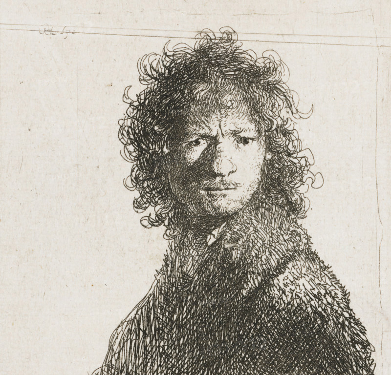 Self-portrait, frowning: bust, print, monogram and date: 'RHL 1630', printmaker: Rembrandt van Rijn, 1630, paper, etching, height 75 mm x width 75 mm, Person, portrait, self-portrait of graphic artist, A close-up etching of a person's head and upper torso rendered in fine dark lines on a light textured paper background, showing curly hair framing the face, intense eyes, a defined nose and mouth with subtle facial hair, and a densely crosshatched cloak or garment covering the shoulders and chest.