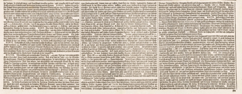 Ankunfft Und herkommen der weitberümbten herrlichen Statt Venedig Sambt derselben gewaltigen Herrschafft, Caption of the Festa della Sensa (fourth part), text sheet, Procession of the Doge on Ascension Day across St. Mark's Square in Venice. The procession leads to the Bucintoro, the Doge's galley. Once a year, during the Festa della Sensa, the Doge ceremonially 'married' the Adriatic Sea by throwing a ring into the water from this galley., printmaker: Jost Amman, Nuremberg, publisher: Johann Valentin Schäller, Frankfurt am Main, 1697, Bavaria, Hesse, paper, letterpress printing, height 171 mm x width 395 mm, A wide, rectangular image showing dense, small black text printed in a serif typeface across a light beige background; the text is arranged in narrow, closely spaced columns with uniform line lengths and tight spacing, filling nearly the entire area; the columns are separated by slim vertical gaps and the edges show slight irregularities where the ink is darker; the paper has a fa...