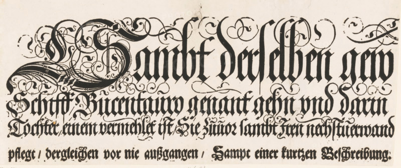 Ankunfft Und herkommen der weitberümbten herrlichen Statt Venedig Sambt derselben gewaltigen Herrschafft, Title of the Festa della Sensa (fourth part), print, text sheet, Procession of the Doge on Ascension Day across St. Mark's Square in Venice. The procession leads to the Bucintoro, the Doge's galley. Once a year, during the Festa della Sensa, the Doge ceremonially 'married' the Adriatic Sea by throwing a ring into the water from this galley., printmaker: Jost Amman, Nuremberg, publisher: Johann Valentin Schäller, Frankfurt am Main, 1697, Bavaria, Hesse, paper, woodcut, height 165 mm x width 385 mm, A rectangular sheet with ornate black calligraphic lettering across its width, featuring large decorative initials with intricate swirling flourishes and dense blackletter-style lines; the top area contains elaborate looping strokes and ornamental penwork extending into the surrounding space, while the lower area shows several lines of tightly spaced gothic script with occasional delicate...