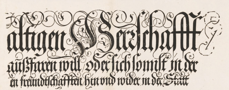 Title of the Festa della Sensa (fifth part), Ankunfft Und herkommen der weitberümbten herrlichen Statt Venedig Sambt derselben gewaltigen Herrschafft, print, text sheet, Procession of the Doge on Ascension Day through St. Mark's Square in Venice. The procession leads to the Bucintoro, the Doge's galley. Once a year, during the Festa della Sensa, the Doge ceremonially 'married' the Adriatic Sea by throwing a ring into the water from this galley., printmaker: Jost Amman, Nuremberg, publisher: Johann Valentin Schäller, Frankfurt am Main, 1697, Bavaria, Hesse, paper, woodcut, height 147 mm x width 382 mm, An off-white paper with dense black ornamental calligraphy filling most of the space, featuring tall vertical strokes, thick blackletter forms, and elaborate swirling flourishes that loop and curl around and through the letters, with visible textured ink edges and occasional small gaps in the black where the ink is worn, and a larger ornate flourish at the top center that interweaves with...
