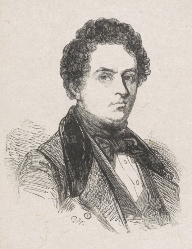 Portrait of Hubertus van Hove, print, printmaker: Coenraad Hamburger, 1842, paper, wood engraving, height 78 mm x width 60 mm, Person, Hubertus van Hove, historical persons, portrait, self-portrait of artist, self-portrait of painter, self-portrait of draughtsman, A black and white ink drawing of a man shown from the chest up wearing a dark coat with wide lapels, a high-collared shirt, and a neckcloth; he has short, tightly curled hair, arched eyebrows, and a neutral facial expression with eyes looking slightly to the side, and the background is plain paper with visible texture.