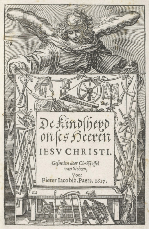 The Childhood of Our Lord Jesus Christ, Youth of Christ, print, title page, Series number, 1, 13, An angel holds a cloth with various household objects and carpenter's tools on it, including a spinning wheel, a broom, a number of hammers and saws., printmaker: Christoffel van Sichem (II), Amsterdam, after print by Boëtius Adamsz. Bolswert, after drawing by Abraham Bloemaert, after print by Hieronymus Wierix, publisher: Pieter Jacobsz. Paets, 1617, Christoffel van Sichem (II), Boëtius Adamsz. Bolswert, Abraham Bloemaert, Hieronymus Wierix, Pieter Jacobsz. Paets, printmaker, after print by, after drawing by, publisher, paper, woodcut, letterpress printing, woodcut and text in letterpress, printed from two wooden blocks, height 138 mm x width 89 mm, A detailed woodcut shows the upper half of a robed figure with flowing hair and outstretched arms occupying the top portion, radiating lines behind the head and shoulders; below the figure is a framed scene filled with an assortment of worksho...