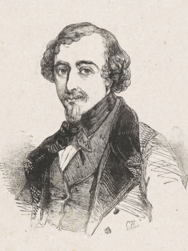 Portrait of Christiaan Immerzeel, print, printmaker: Coenraad Hamburger, 1841 - 1842, paper, wood engraving, height 86 mm x width 70 mm, Person, Christiaan Immerzeel, historical persons, portrait, self-portrait of artist, self-portrait of painter, self-portrait of draughtsman, A black ink etching of a man shown from the chest up, with wavy hair parted at the center, a mustache and a goatee, and large expressive eyes; he wears a high-collared coat with wide lapels, a bow tied at the neck, and layered garments beneath, all rendered with fine crosshatching and line work on a light textured paper background.