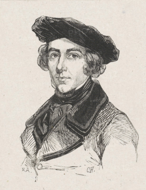Portrait of the painter Kasparus Karsen, with beret facing left, print, printmaker: van Arum, after drawing by Coenraad Hamburger, after 1819 - c. 1921, paper, wood engraving, height 78 mm x width 61 mm, Person, Kasparus Karsen, historical persons, portrait, self-portrait of artist, self-portrait of painter, A black and white ink drawing of a man shown from the chest up wearing a dark beret-style hat and a high-collared coat with a scarf or cravat around his neck; he has wavy hair peeking out from under the hat, a clean-shaven face with defined eyes and lips, and detailed cross-hatched shading on his clothing and facial features against a plain light background.