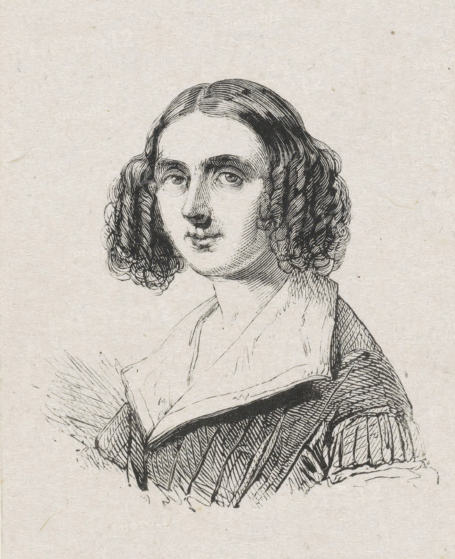 Portrait of Marie Adelaïde Kindt, print, after drawing by Adèle Kindt, 1814 - 1934, printmaker, paper, wood engraving, height 70 mm x width 56 mm, Person, portrait, self-portrait of artist, historical persons - BB - woman, A monochrome line drawing of a person from the chest up with shoulder-length curly hair parted in the middle, a smooth forehead, arched eyebrows, and detailed eyes looking slightly forward; the nose and lips are finely inked and the chin is rounded. The figure wears a garment with a wide collar and a textured bodice, one sleeve showing vertical pleats and shading lines. The background is plain light paper with a subtle textured grain and small specks.