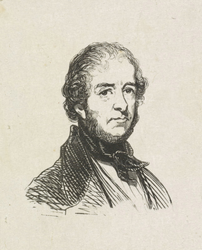 Portrait of Johannes Hermanus Barend Koekkoek, print, after drawing by Coenraad Hamburger, 1819 - 1921, printmaker, paper, wood engraving, height 70 mm x width 55 mm, Person, Johannes Hermanus Barend Koekkoek, historical persons, portrait, self-portrait of artist, self-portrait of painter, A black ink line drawing of a man's head and upper torso on a lightly textured, off-white background, showing wavy hair styled close to the head and sideburns, detailed facial features including eyes, nose, and a closed mouth, and a high-collared garment with a tied scarf or cravat, with cross-hatched shading on the clothing and hair.