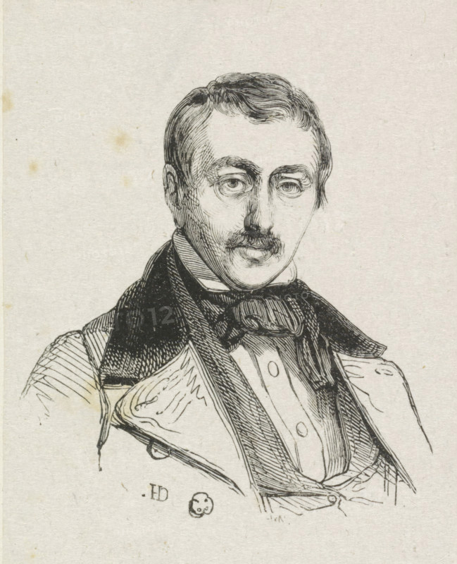 Portrait of Jan Hendrik van de Laar, print, after drawing by Coenraad Hamburger (possibly), 1819 - 1921, printmaker, paper, wood engraving, height 70 mm x width 55 mm, Person, Jan Hendrik van de Laar, historical persons, portrait, self-portrait of artist, A black and white ink drawing of a man from the chest up, showing a neatly combed hairstyle, a thin mustache, and a calm facial expression with detailed shading around the eyes and cheeks; he wears layered clothing including a high-collared shirt, a bow tied at the neck, and an outer coat with wide lapels and visible stitching, rendered with fine crosshatching and line work on a textured, slightly spotted paper background.