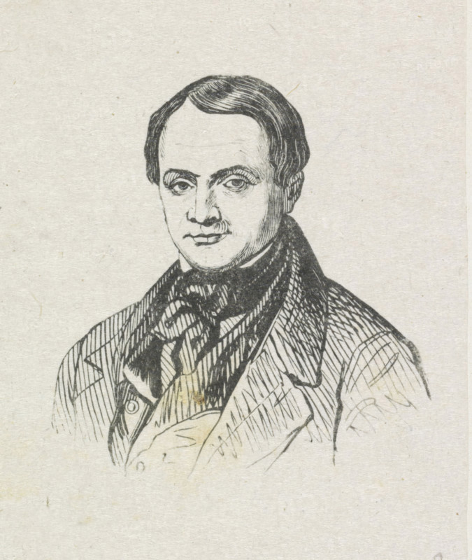 Portrait of Jean Baptiste Madou, print, after drawing by Jean Baptiste Madou, 1806 - c. 1927, printmaker, paper, wood engraving, height 70 mm x width 55 mm, Person, historical persons, portrait, self-portrait of artist, A black ink line drawing of a man from the chest up on a light textured background, showing a high forehead with neatly combed dark hair, arched eyebrows, and detailed eyes, a straight nose, and a closed mouth with a faint mustache; he wears a dark patterned neck scarf or cravat beneath a collared coat with visible lapels and textured shading lines, and the drawing includes crosshatching and fine strokes to render shadows and fabric folds.