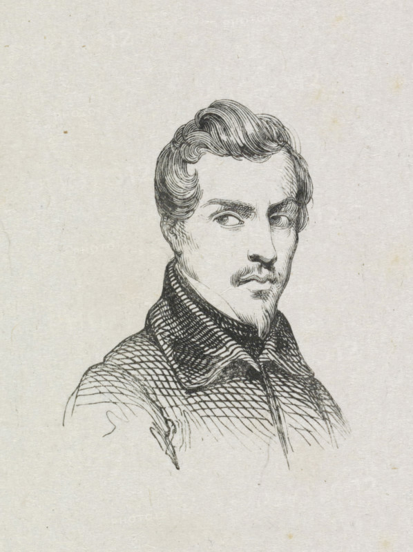 Portrait of Ary Johannes Lamme, print, after drawing by Ary Johannes Lamme, 1822 - c. 1950, printmaker, paper, wood engraving, height 70 mm x width 56 mm, Person, historical persons, portrait, self-portrait of artist, A black ink line drawing of a man from the chest up on a light textured background, showing wavy hair swept back, arched eyebrows, detailed eyes looking slightly to the side, a narrow nose, a small mustache and pointed beard, and a high-collared coat with a textured patterned fabric and visible folds.