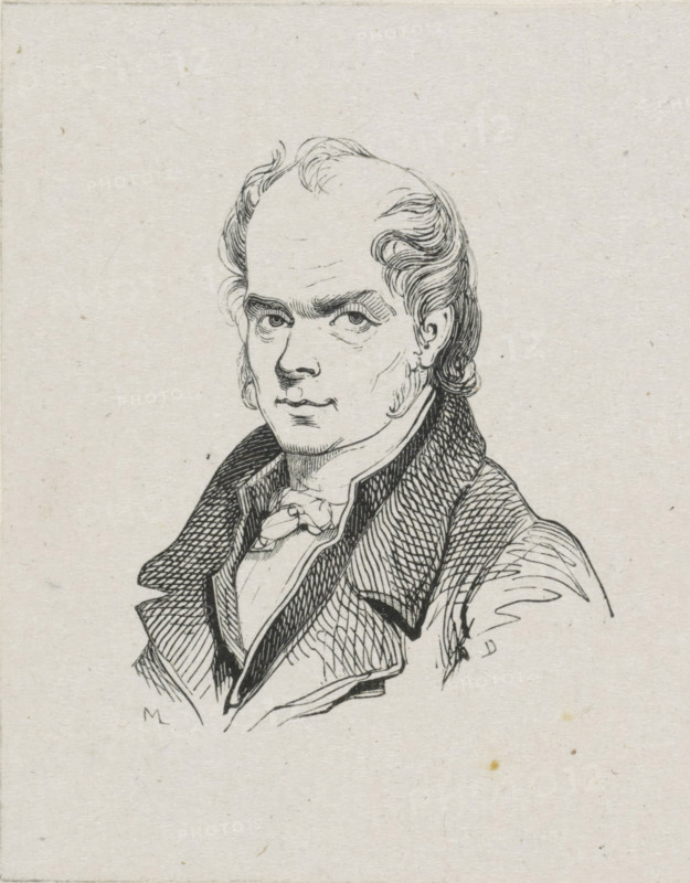 Portrait of GJJ van Os, print, printmaker: Monogrammist ML, after drawing by Coenraad Hamburger, c. 1800 - c. 1900, paper, wood engraving, height 70 mm x width 55 mm, Person, Georgius Jacobus Johannes van Os, historical persons, portrait, self-portrait of artist, A black ink line drawing of a man shown from the chest up on a light textured background, featuring a high forehead with wavy hair swept back, pronounced eyebrows, and a direct gaze. His face shows detailed line work for the eyes, nose, mouth, and sideburns. He wears a collared coat with a patterned lapel over a shirt and tied cravat, rendered with crosshatching and parallel lines for shading and texture. The background is plain with subtle speckles and paper grain.