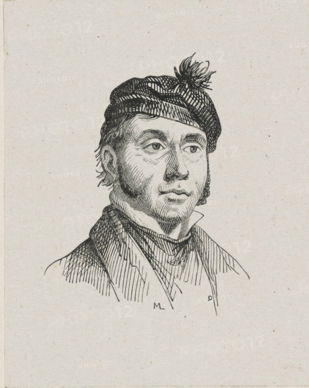 Portrait of Pierre François de Noter (the Younger), print, printmaker: Monogrammist ML, after drawing by Félix De Vigne, c. 1800 - c. 1900, paper, wood engraving, height 70 mm x width 55 mm, Person, Pierre François De Noter, historical persons, portrait, self-portrait of artist, A black ink line drawing of a man shown from the shoulders up on a light textured background, wearing a patterned cap with a tassel, a high collar, and a scarf or cravat; the man has short sideburns and wavy hair peeking from beneath the cap, with detailed crosshatched shading on his face, clothing, and hat, and a neutral facial expression with gaze directed slightly to the viewer's right.