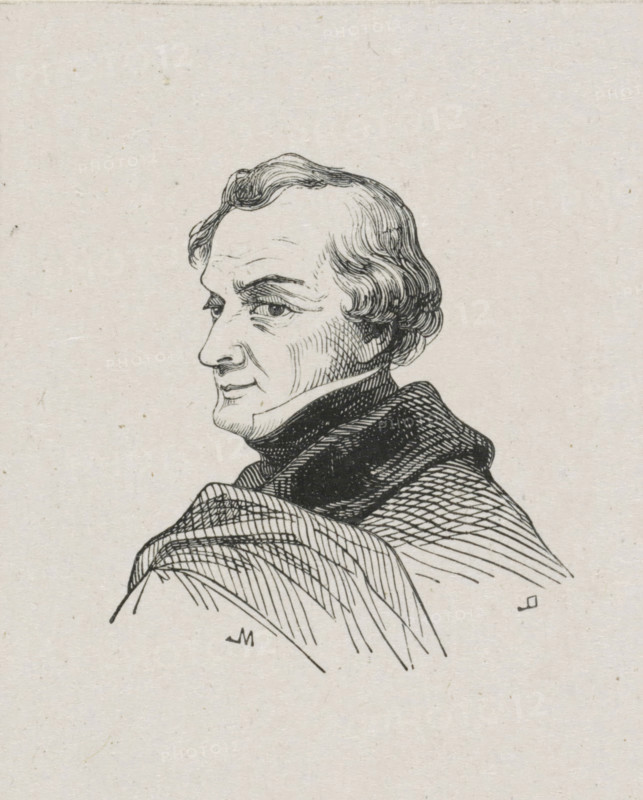 Portrait of Peter Paul Joseph Noël, print, printmaker: Monogrammist ML, after drawing by Peter Paul Joseph Noël, c. 1800 - c. 1900, paper, wood engraving, height 70 mm x width 56 mm, Person, historical persons, portrait, self-portrait of artist, A black ink line drawing of an older man shown in profile facing left, with short wavy hair, a high forehead, pronounced eyebrows, a straight nose, and a closed mouth. He wears a high collar and a draped garment with crosshatched shading and flowing lines. The background is plain and textured, resembling paper.