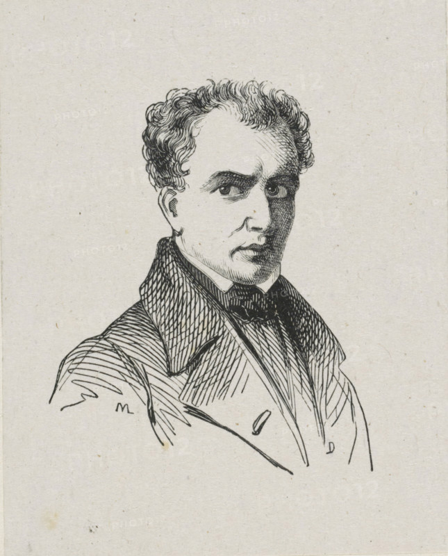 Portrait of François Joseph Navez, print, printmaker: Monogrammist ML, after drawing by François Joseph Navez, c. 1800 - c. 1900, paper, wood engraving, height 70 mm x width 55 mm, Person, historical persons, portrait, self-portrait of artist, A black ink line drawing of a man shown from the chest up, with curly hair, prominent eyebrows, and a serious facial expression, wearing a high-collared coat and a bow at the neck, rendered on textured off-white paper.