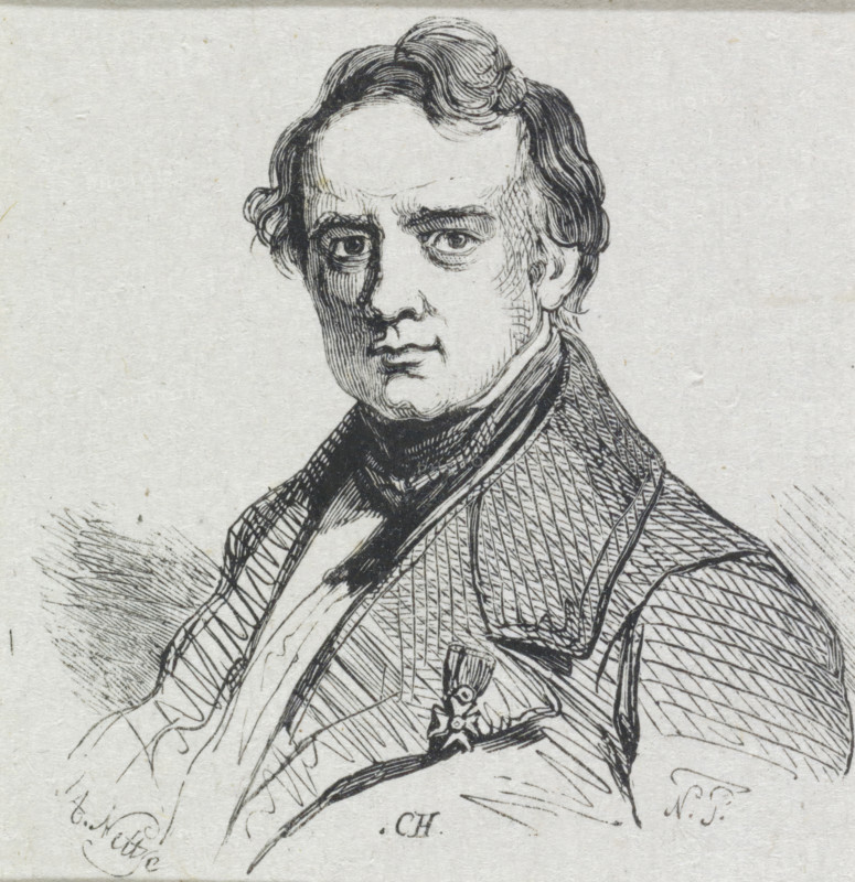 Portrait of Jan Willem Pieneman, print, printmaker: Adolphe Frédéric Nett, after drawing by Nicolaas Pieneman, 1832 - c. 1900, paper, wood engraving, height 84 mm x width 69 mm, Person, Jan Willem Pieneman, historical persons, portrait, self-portrait of artist, self-portrait of painter, A black ink line drawing of a man shown from the chest up on a light textured background, featuring a high forehead and wavy hair swept back from the face, expressive eyes with detailed shading around them, a straight nose and a closed mouth, a high-collared garment with layered clothing and a scarf or cravat around the neck, patterned shading on the coat suggesting woven fabric, and a small decorative medal or emblem pinned to the chest.