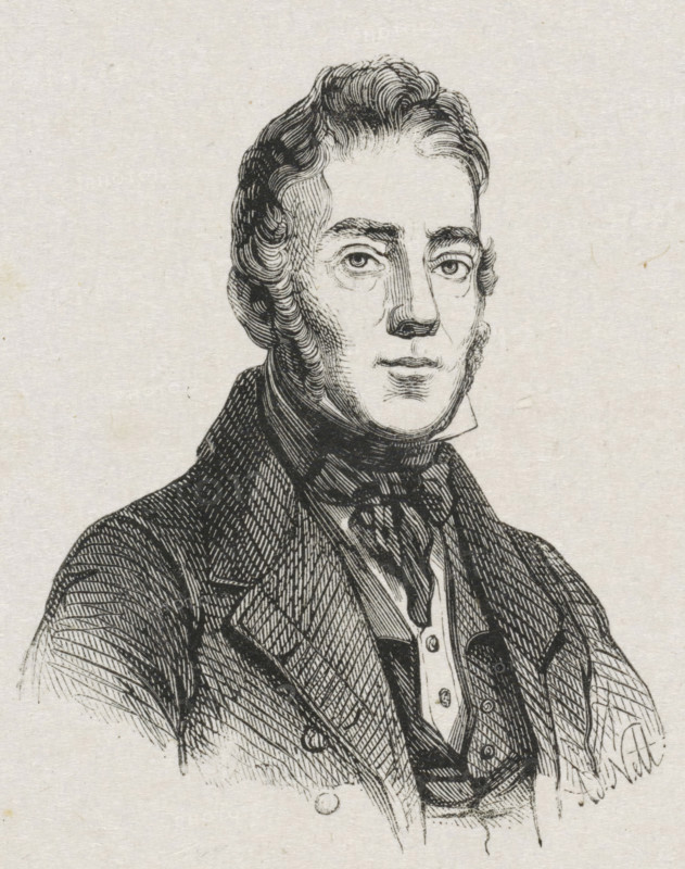 Portrait of George Pieter Westenberg, print, Portrait of the painter George Pieter Westenberg., printmaker: Adolphe Frédéric Nett, after drawing by Nicolaas Pieneman, 1832 - c. 1900, paper, wood engraving, height 90 mm x width 74 mm, Person, George Pieter Westenberg, historical persons, portrait, self-portrait of artist, self-portrait of painter, A black and white engraved portrait of a man shown from the chest up, featuring wavy hair styled back from his forehead, arched eyebrows, and a clean-shaven face with subtle sideburns; he wears a high-collared shirt with a cravat tied at the neck, a waistcoat beneath, and a jacket with visible lapels and textured shading; the image is rendered with fine crosshatching and line work on a lightly textured, pale background.