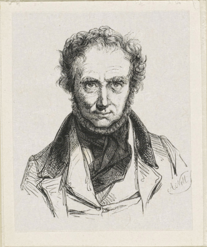 Portrait of IJ van Regemorter, print, printmaker: Adolphe Frédéric Nett, after drawing by Ignatius Josephus Van Regemorter, 1832 - c. 1900, paper, wood engraving, height 70 mm x width 56 mm, Person, historical persons, portrait, self-portrait of artist, A monochrome ink portrait of a man shown from the chest upward, featuring curly hair and sideburns, deep-set eyes with prominent brows, a straight nose, and a closed mouth; he wears a high-collared coat and a dark scarf or cravat visible at the neck, and the drawing is rendered with fine line shading on a textured pale background with a narrow border around the image.