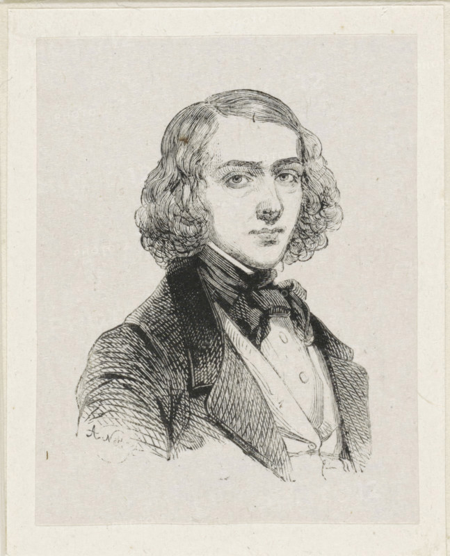 Portrait of Johannes Reekers, print, printmaker: Adolphe Frédéric Nett, after drawing by Coenraad Hamburger, 1832 - c. 1900, paper, wood engraving, height 67 mm x width 52 mm, Person, Johannes Reekers (I), historical persons, portrait, self-portrait of artist, A black and white engraved portrait of a young person shown from the chest up, with wavy shoulder-length hair, a smooth forehead, arched eyebrows, and a calm facial expression. The figure wears a high-collared shirt, a cravat tied at the neck, a waistcoat with visible buttons, and a dark jacket with textured hatching. The background is plain and light, and the image has a rectangular border with a wider margin around it.