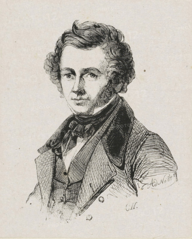Portrait of Jan van Ravenswaay, print, printmaker: Adolphe Frédéric Nett, after drawing by Coenraad Hamburger, 1832 - c. 1900, paper, wood engraving, height 78 mm x width 63 mm, Person, Jan van Ravenswaay, historical persons, portrait, self-portrait of artist, A black ink line drawing of a man from the chest up on a light textured background, showing a face with wavy hair swept back and curled at the sides, arched eyebrows, and a neutral expression with visible eyes and a defined nose and mouth; he wears a high-collared shirt with a tied neckerchief beneath a waistcoat and a tailored coat with wide lapels, rendered with crosshatching and fine line shading.