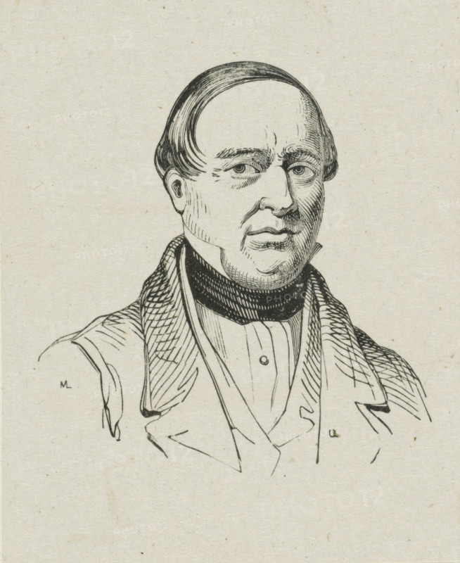 Portrait of Ludovicus Roelandt, print, printmaker: Monogrammist ML, after drawing by Félix De Vigne, c. 1800 - c. 1900, paper, wood engraving, height 65 mm x width 52 mm, Person, Louis Roelandt, historical persons, portrait, self-portrait of artist, A black ink line drawing on textured off-white paper shows the head and upper torso of a man with a high forehead and receding hairline, hair combed back over the sides of his head, arched eyebrows, detailed eyes, a straight nose, and closed lips. He wears a high dark collar around his neck and layered clothing including a buttoned shirt and an overcoat with a wide collar, the fabrics indicated by crosshatching and parallel lines. The background is plain paper with small flecks and the drawing style uses varied line weights to suggest shading and texture.