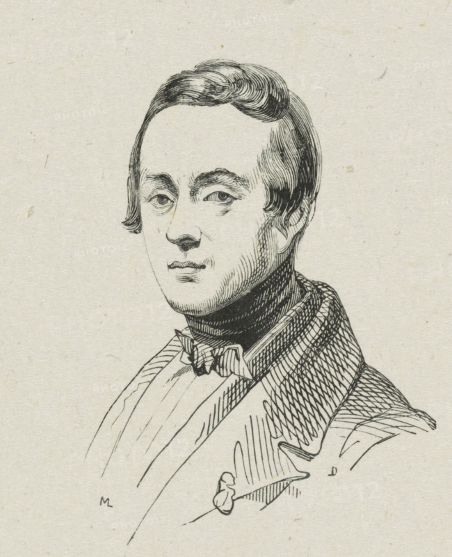 Portrait of Louis Royer, print, printmaker: Monogrammist ML, after drawing by Henricus Wilhelmus Couwenberg, c. 1800 - c. 1900, paper, wood engraving, height 66 mm x width 55 mm, Person, Louis Royer, historical persons, portrait, self-portrait of artist, self-portrait of sculptor, A black ink line drawing of a man from the chest up on a textured light background, showing a smooth oval face with short swept hair, arched eyebrows, and narrow eyes, a straight nose, and a closed mouth. He wears a high dark collar beneath a bow tied at the neck and a patterned jacket with crosshatched shading on the lapel. The illustration uses fine parallel and curved lines to indicate shading and texture in the hair, collar, and clothing.