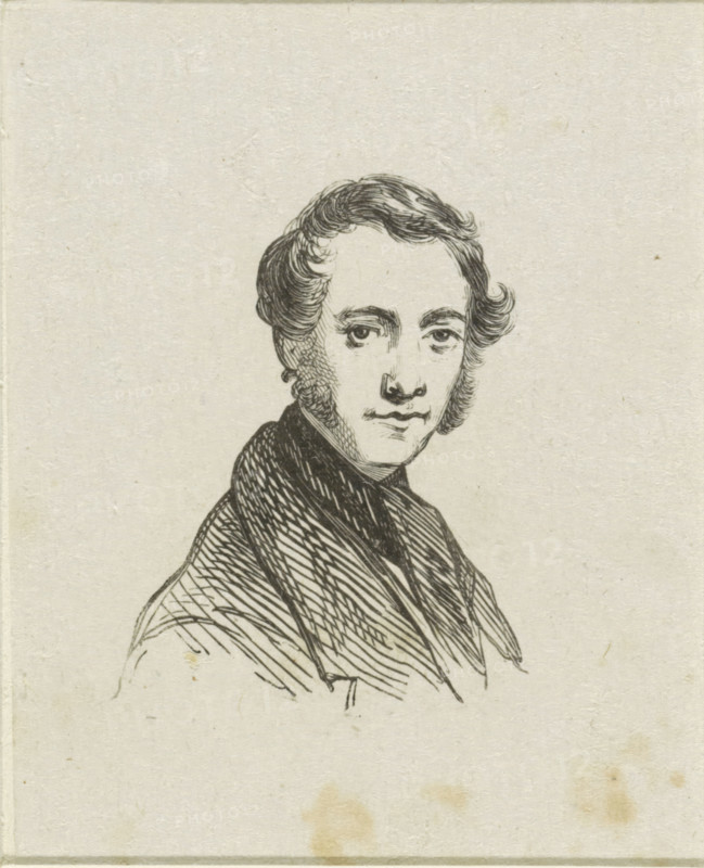 Portrait of Hendrikus van de Sande Bakhuyzen, print, after drawing by Hendrikus van de Sande Bakhuyzen, 1805 - c. 1910, printmaker, paper, wood engraving, height 82 mm x width 66 mm, Person, historical persons, portrait, self-portrait of artist, self-portrait of painter, A monochrome ink portrait of a young man shown from the chest up, with wavy hair styled away from his forehead and sideburns framing his face, expressive eyes, a straight nose, and a slight closed-mouth expression; he wears a dark, patterned scarf or cravat and a coat rendered with crosshatching, all set against a plain, textured paper background with a few small stains.