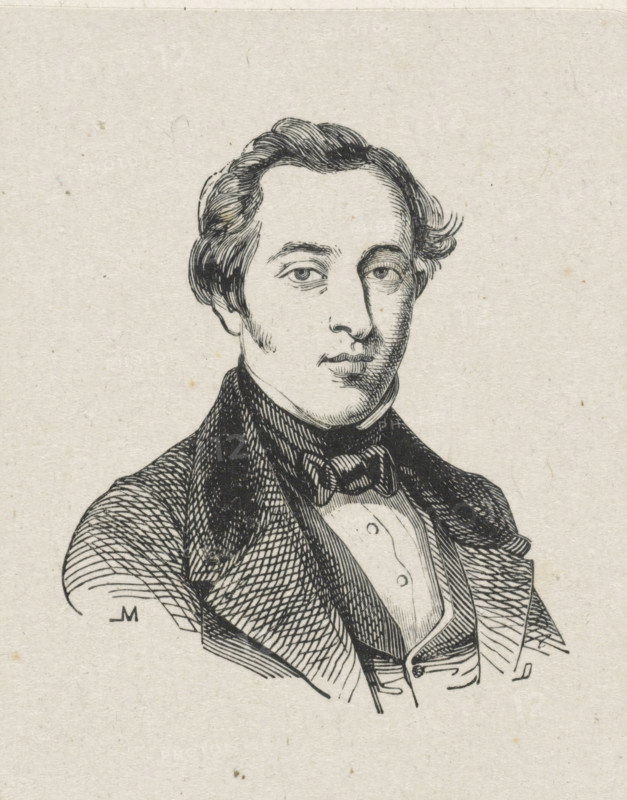 Portrait of Petrus Johannes Schotel, print, printmaker: Monogrammist ML, after drawing by Coenraad Hamburger, c. 1800 - c. 1900, paper, wood engraving, height 66 mm x width 53 mm, Person, Petrus Johannes Schotel, historical persons, portrait, self-portrait of artist, A black ink line drawing of a man from the chest up on a light textured background, showing a face with short wavy hair, arched eyebrows, and a composed expression; he wears a high-collared shirt with a bow tie and layered jacket and waistcoat rendered with crosshatching and fine lines, and shading emphasizes facial contours, hair strands, and folds in the clothing.