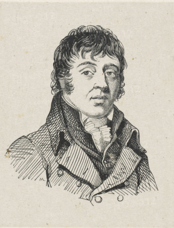 Portrait of Martinus Schouman, print, printmaker: Monogrammist ML, after drawing by Coenraad Hamburger, c. 1800 - c. 1900, paper, wood engraving, height 68 mm x width 54 mm, Person, Martinus Schouman, historical persons, portrait, self-portrait of artist, A black ink line drawing of a man from the chest up on a textured light background, showing curly short hair, arched eyebrows, and a neutral facial expression with slightly parted lips; he wears a high-collared coat with wide lapels, a cravat or neckcloth, and layered garments with visible buttons and cross-hatching shading lines throughout the clothing and hair.