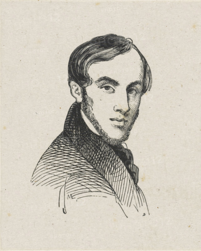 Portrait of Willem Hendrik Schmidt, print, printmaker: Monogrammist ML, after drawing by Willem Hendrik Schmidt, c. 1800 - c. 1900, paper, wood engraving, height 63 mm x width 51 mm, Person, historical persons, portrait, self-portrait of artist, A black ink line drawing on pale textured paper showing the head and upper torso of a man turned three quarters toward the viewer, with neatly combed dark hair, a high forehead, and sideburns framing his jaw; his eyes are looking slightly to the side beneath arched eyebrows, and his lips are closed in a neutral expression. He wears a dark high-collared coat and a cravat, with dense crosshatching and parallel lines used to indicate shading on the coat, hair, and facial contours. The background is plain with small specks and paper texture visible.
